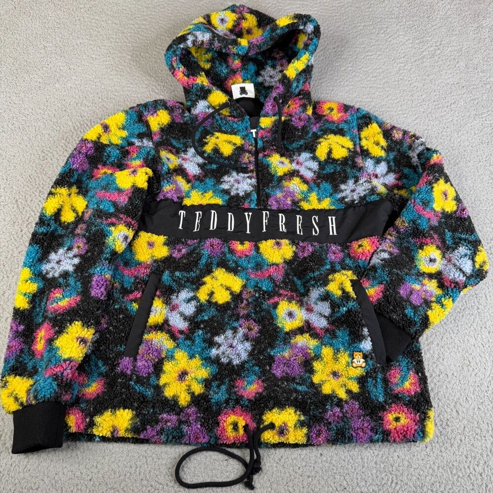 TEDDY FRESH Sherpa Hoodie Sweatshirt Womens S Floral 1/2 Zip Fleece Streetwear